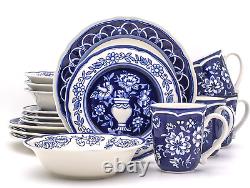 Blue Garden 16 Piece Oven Safe Hand Painted Stoneware Dinnerware Set Service for