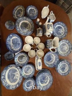 Blue and White Scenic Floral Ceramic Dinner Set Plates Bowls Cups Serving Pieces