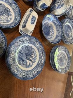 Blue and White Scenic Floral Ceramic Dinner Set Plates Bowls Cups Serving Pieces