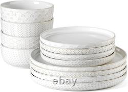 Boho Stoneware Dinnerware Set for 4 12 Pcs Ivory White Plates & Bowls
