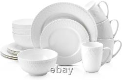 Bone China Basket Weave Embossed round 16 Piece Dinnerware Set, White