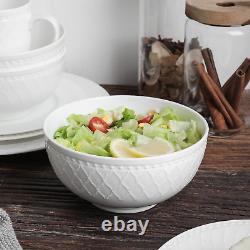 Bone China Basket Weave Embossed round 16 Piece Dinnerware Set, White