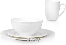 Bone China Basket Weave Embossed round 16 Piece Dinnerware Set, White