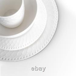 Bone China Basket Weave Embossed round 16 Piece Dinnerware Set, White
