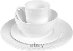 Bone China Basket Weave Embossed round 32 Piece Dinnerware Set, White