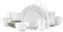 Bone China Basket Weave Embossed round 32 Piece Dinnerware Set, White