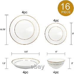 Bone China Dinnerware, 16PC Set, Service for 4, Double Gold Rim, White, Microwav