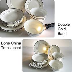 Bone China Dinnerware, 16PC Set, Service for 4, Double Gold Rim, White, Microwav