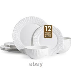 Bone China Dinnerware Set, 12-Piece White Lightweight Porcelain for 4, Plates