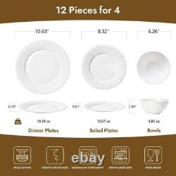 Bone China Dinnerware Set, 12-Piece White Lightweight Porcelain for 4, Plates