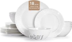 Bone China Dinnerware Set, 18-Piece White Lightweight Porcelain with T