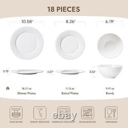 Bone China Dinnerware Set, 18-Piece White Lightweight Porcelain with T