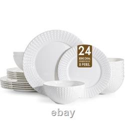 Bone China Dinnerware Set, 24-Piece White Lightweight Porcelain for 8, Plates