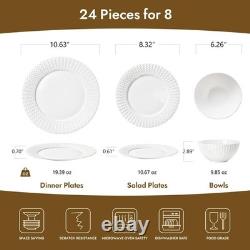 Bone China Dinnerware Set, 24-Piece White Lightweight Porcelain for 8, Plates