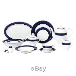 Bone China Dinnerware Set 57 Piece Blue Gold Service For 8 Holiday Dining Dishes