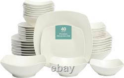 Brentwood 40-Piece Dinnerware Set Square White Porcelain Plates and Bowls, Ser