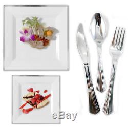 Bulk Square Dinner Wedding Disposable Plastic Plates Dinnerware Party Silver Rim