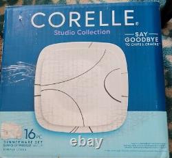 CORELLE Dinnerware Set Simple Lines 16 Pc Square Plates Bowls & Cups NEW in Box