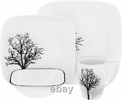 CORELLE Dinnerware Square Timber Shadows 16 pc Plates, Bowls, Mugs for 4