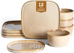 Cairo 12-Piece Stoneware Dinnerware Set, Microwave & Dishwasher Safe, Sand