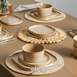 Cairo 12-Piece Stoneware Dinnerware Set, Microwave & Dishwasher Safe, Sand