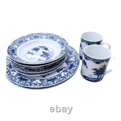 Canton Blue Dinnerware Set 8pc Plates Bowls Mugs Blue White Ceramic Chinoiserie