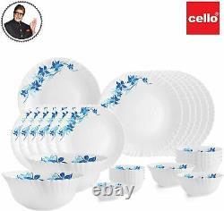 Cello Blue Swirl Opalware Dinner Service Set 27 Piece White Dinnerware Serveware