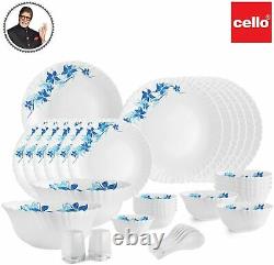 Cello Blue Swirl Opalware Dinner Service Set 35 Piece White Dinnerware Serveware