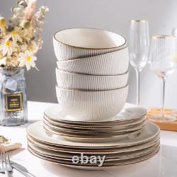 Ceramic Dinnerware Sets, 12 Pcs Embossed Elegant Stoneware Plates and Bowls Sets