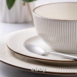 Ceramic Dinnerware Sets, 12 Pcs Embossed Elegant Stoneware Plates and Bowls Sets