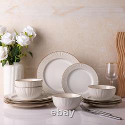 Ceramic Dinnerware Sets, 12 Pcs Embossed Elegant Stoneware Plates and Bowls Sets