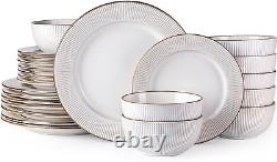 Ceramic Dinnerware Sets, 24Piece Embossed Elegant Stoneware Plates and Bowls Set