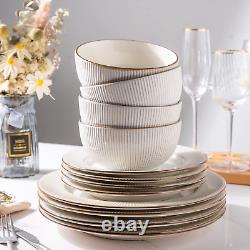 Ceramic Dinnerware Sets, 24Piece Embossed Elegant Stoneware Plates and Bowls Set