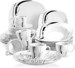 Ceramic Dinnerware Sets for 6, White and Black Dishes Set, FIONA Porcelain