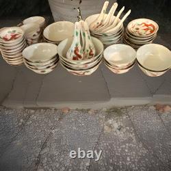 Ceramic Dragon Dinner Service Set, White/Red/Green Glossy Round Bowl & Spoon