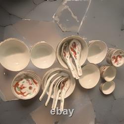Ceramic Dragon Dinner Service Set, White/Red/Green Glossy Round Bowl & Spoon
