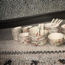 Ceramic Dragon Dinner Service Set, White/Red/Green Glossy Round Bowl & Spoon