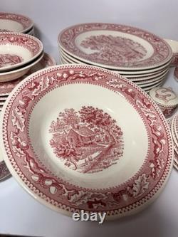 Ceramic Red White Pastoral Scene Dinner Set Plates Bowls Cups 69 pcs Set