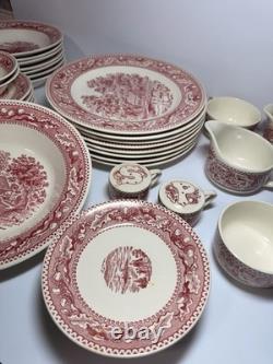 Ceramic Red White Pastoral Scene Dinner Set Plates Bowls Cups 69 pcs Set