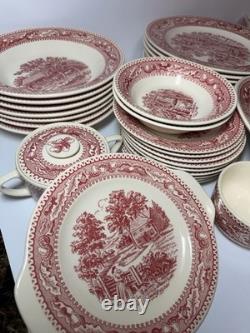 Ceramic Red White Pastoral Scene Dinner Set Plates Bowls Cups 69 pcs Set