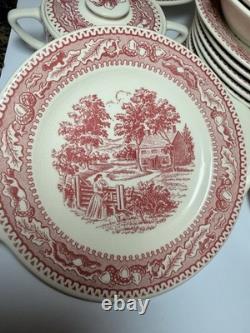 Ceramic Red White Pastoral Scene Dinner Set Plates Bowls Cups 69 pcs Set