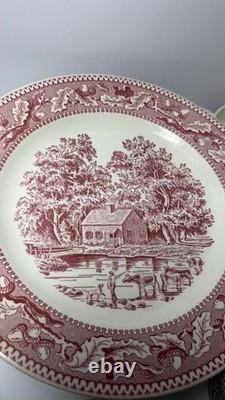 Ceramic Red White Pastoral Scene Dinner Set Plates Bowls Cups 69 pcs Set