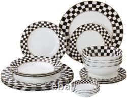Checks Black & White Porcelain 20-piece Round Dinnerware Set Service for 4
