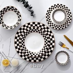 Checks Black & White Porcelain 20-piece Round Dinnerware Set Service for 4
