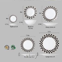 Checks Black & White Porcelain 20-piece Round Dinnerware Set Service for 4 Checks Black & White Porcelain 20-piece Round Dinnerware Set Service for 4