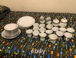 China Pearl Olivia Fine China Floral Dinner Set White/Gray Plates Cups Creamer