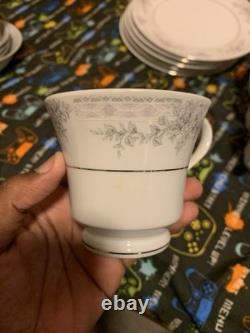 China Pearl Olivia Fine China Floral Dinner Set White/Gray Plates Cups Creamer