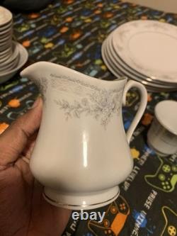 China Pearl Olivia Fine China Floral Dinner Set White/Gray Plates Cups Creamer