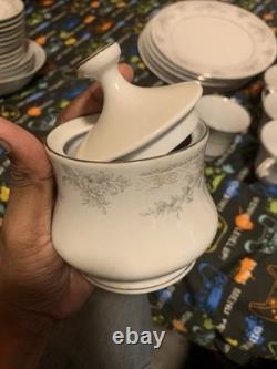 China Pearl Olivia Fine China Floral Dinner Set White/Gray Plates Cups Creamer