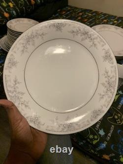 China Pearl Olivia Fine China Floral Dinner Set White/Gray Plates Cups Creamer
